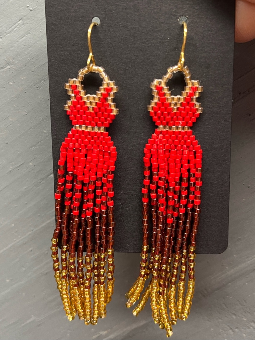 Red and Gold Beaded “Dress” Tassel Earrings - Statement Fringe Hook Drop
